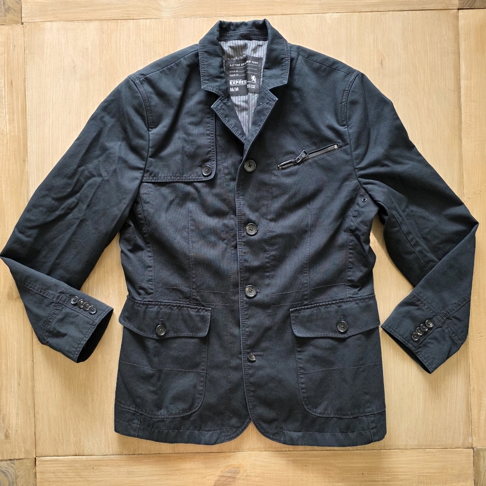 Express Modern Utility Tailored Jacket Black Cotton Military Style Size M